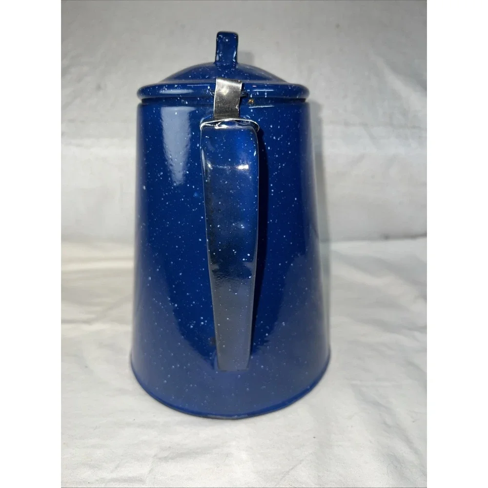 Vintage Blue Speckled Enamel Coffee Pot Campfire Cowboy Kettle Rustic Camping